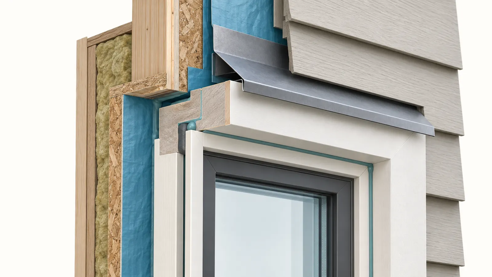 Window trim cutaway separating movement joints, sealant, finish, and flashing layers