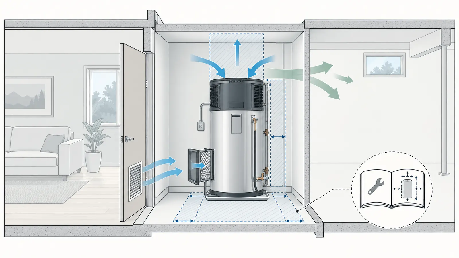 HPWH room diagram labeling intake, cooled exhaust, free air, filter access and service clearances