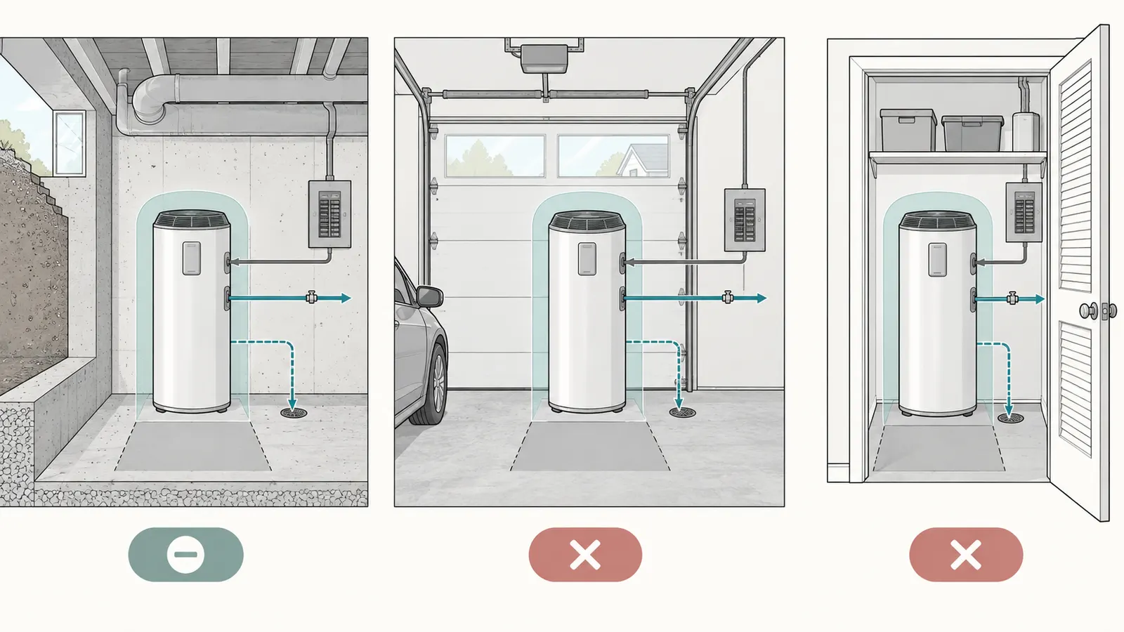 Comparison plan showing a basement, garage and closet HPWH candidate with air, water, drain and service constraints