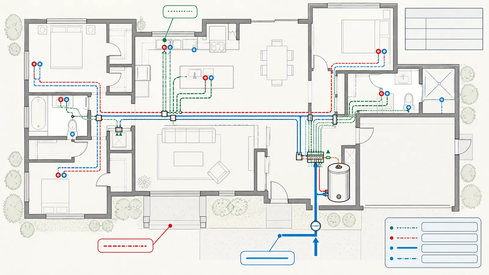 Fixture map overlay marking outlets, groups, routes, and manifold access