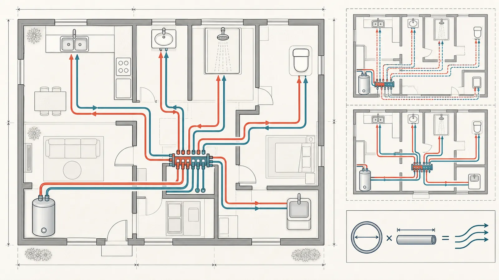 Hot-water route sensitivity diagram showing manifold distance and line volume