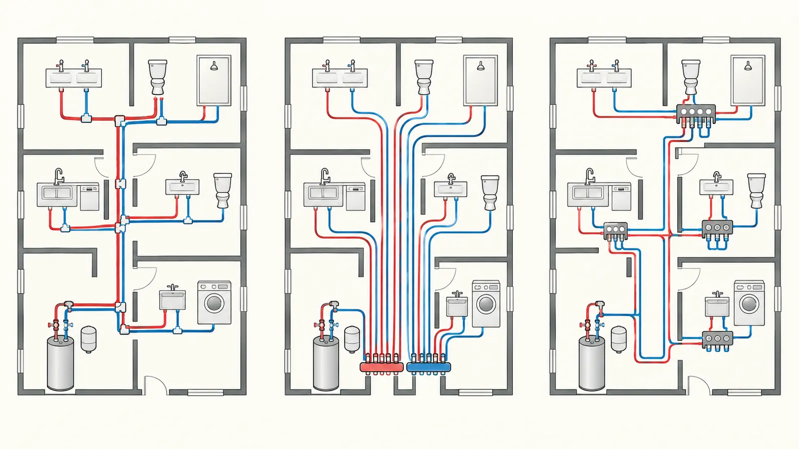 Comparison of trunk-and-branch, home-run manifold, and zoned PEX routes