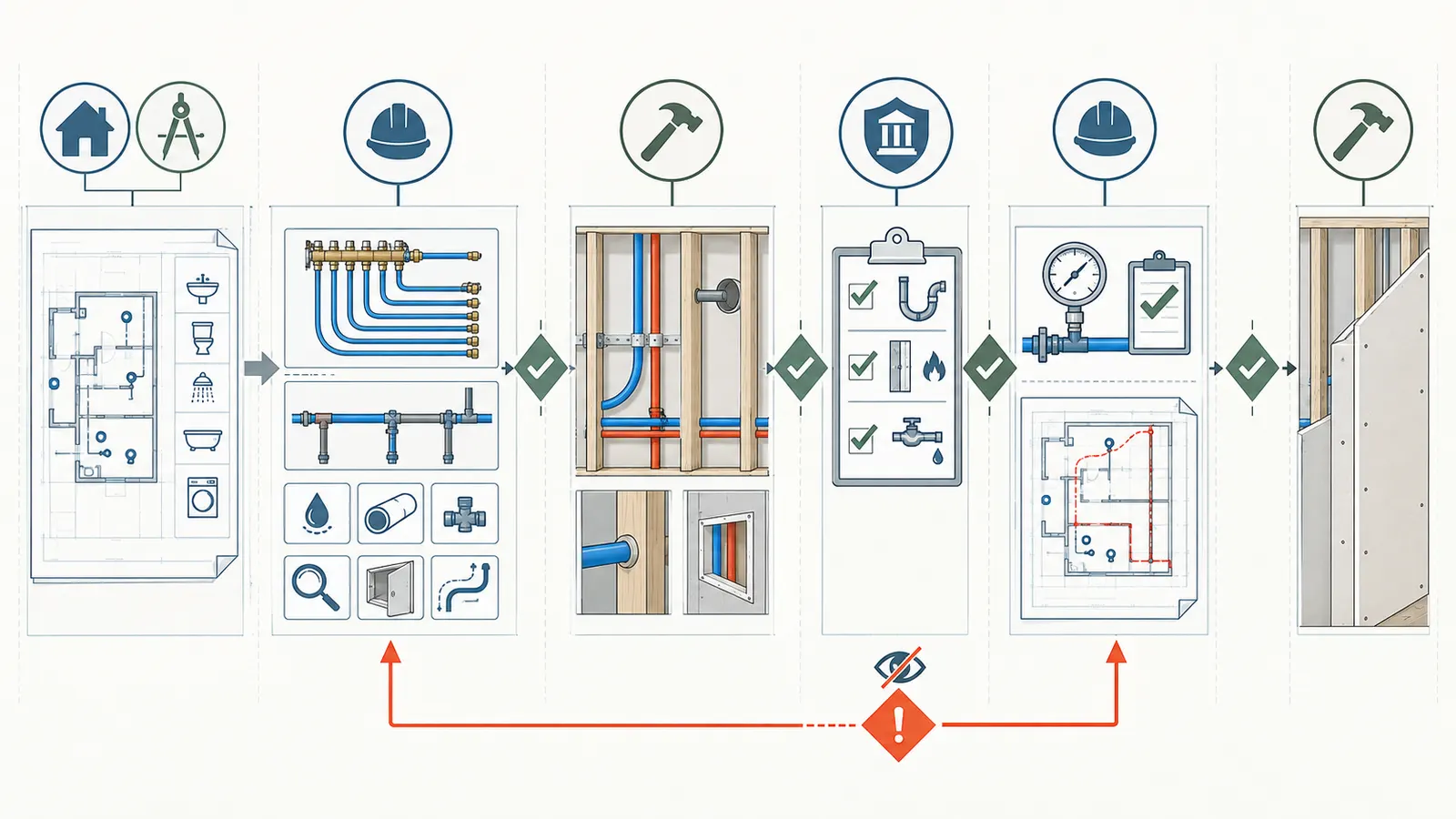Rough-in handoff sequence from homeowner map to plumber verification and close-up