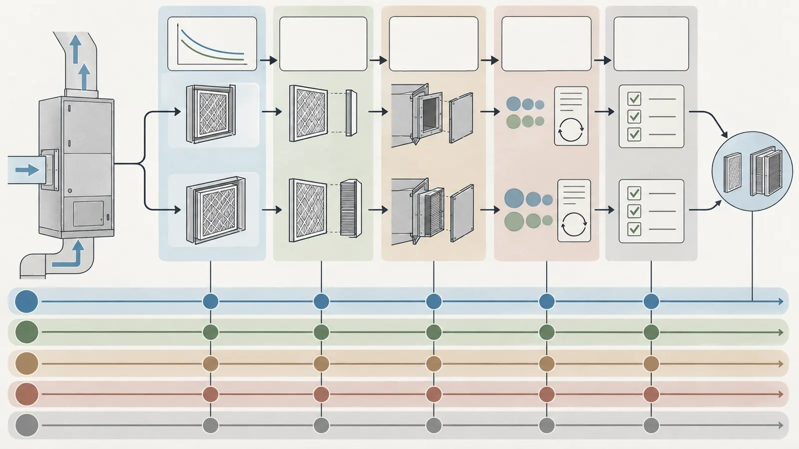 Decision map showing the inputs and handoffs needed to compare shallow and deep HVAC filter cabinets.