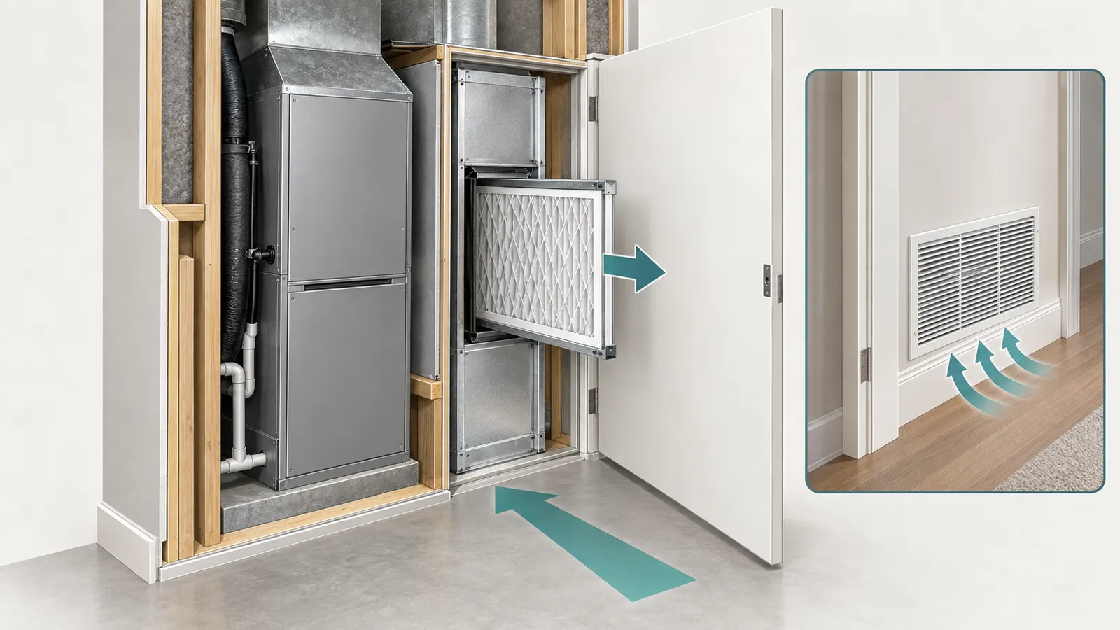 HVAC return filter access cutaway showing the finished removal path, clearance, seal, and safe owner reach.