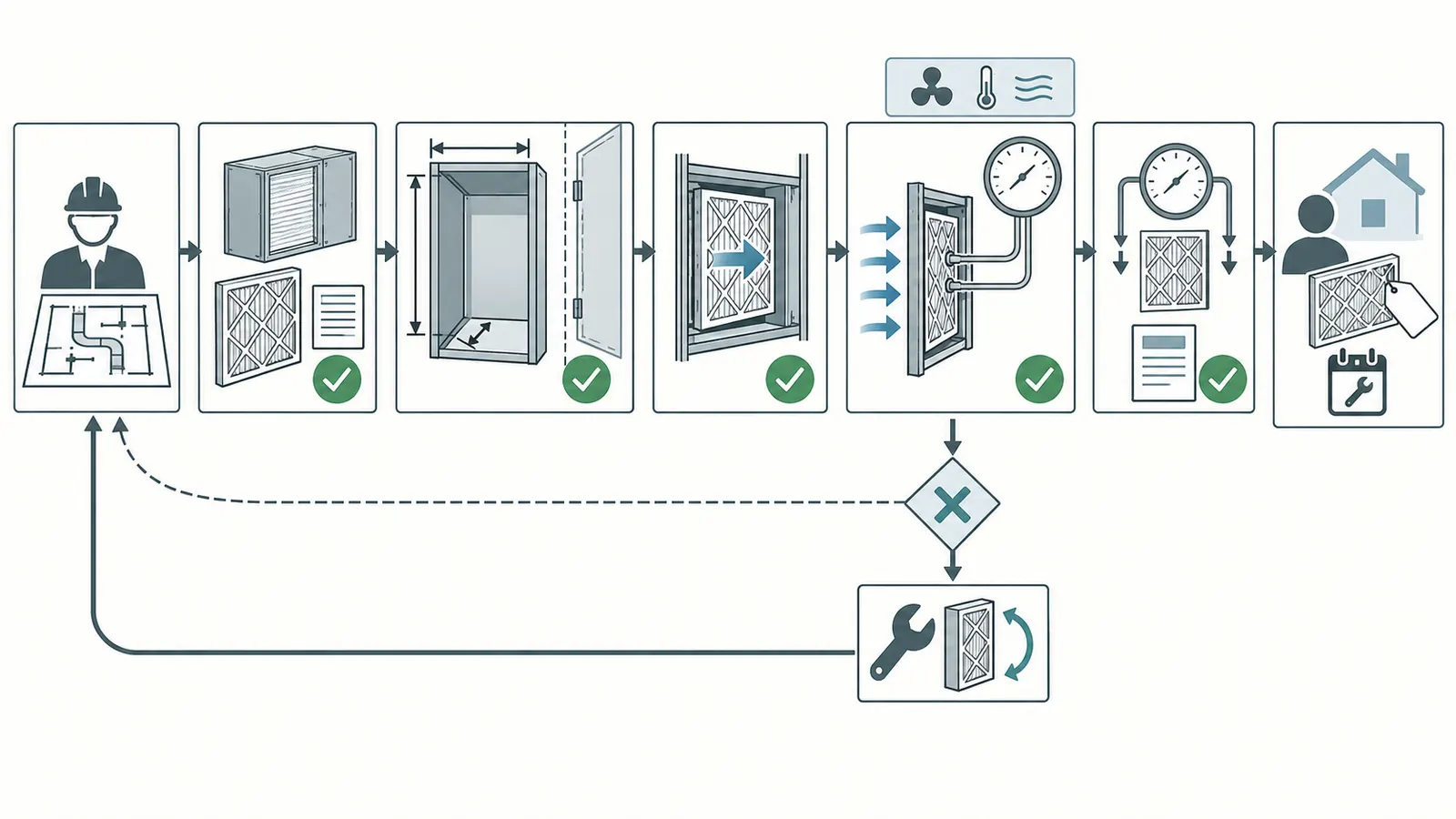 Commissioning handoff flow from approved filter submittal through rough-in verification and owner maintenance record.