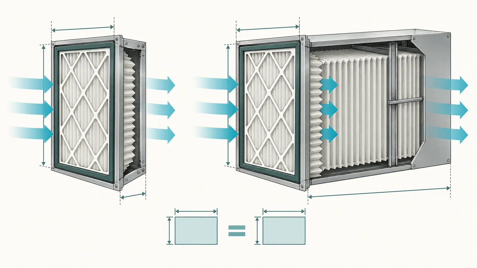 Cutaway comparison of equal-face 1-inch and 4-inch pleated HVAC filters with airflow through each media depth.