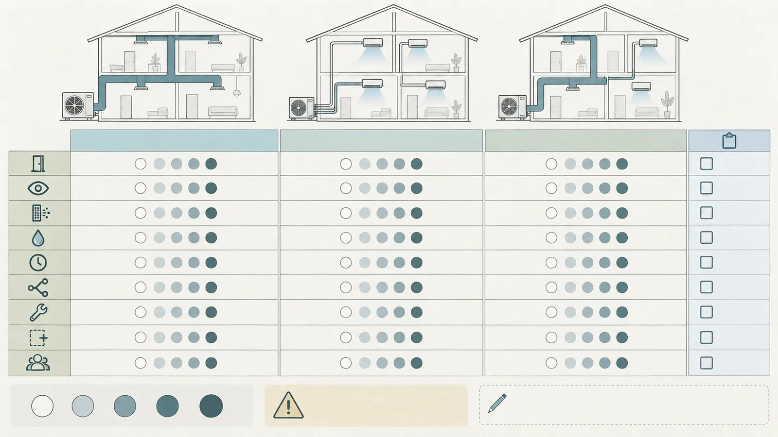 Illustrative decision matrix scoring heat-pump architectures against stated homeowner priorities
