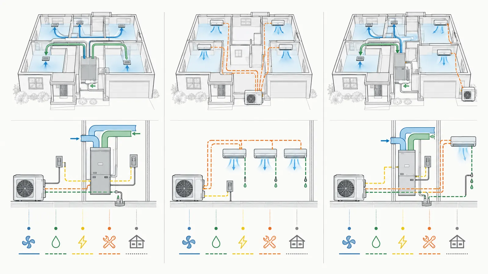Ducted, ductless and mixed heat-pump routes compared across rooms, equipment and handoffs