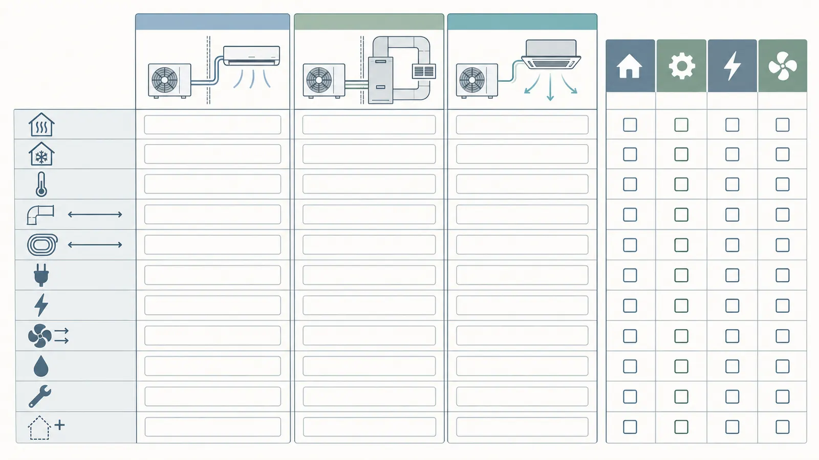 Common heat-pump comparison worksheet with room loads, routes, ventilation and electrical inputs