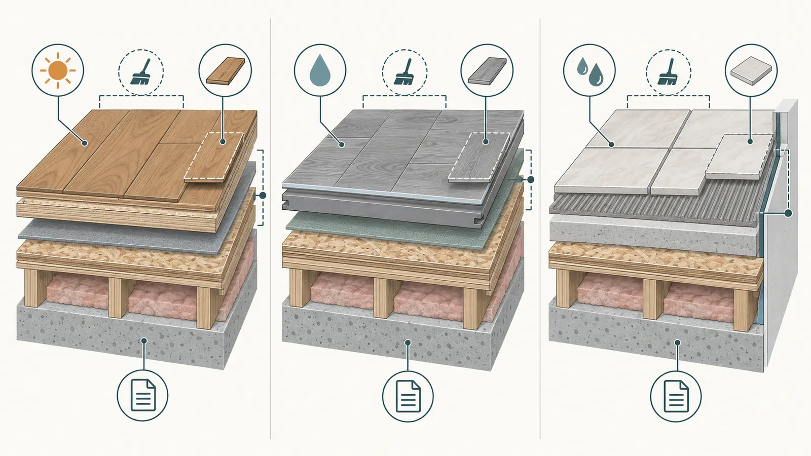 Three-panel comparison of engineered wood, rigid-core vinyl, and porcelain-tile floor assemblies and repair units