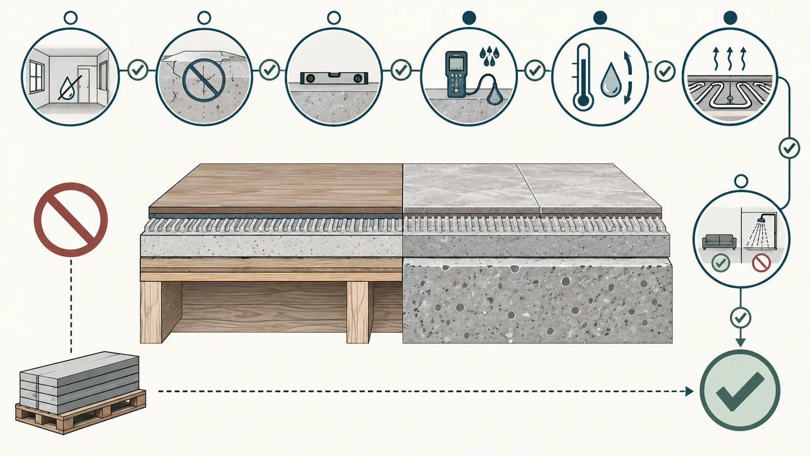 Flooring decision cutaway linking job-site completion, substrate, moisture, flatness, climate, and room-use gates