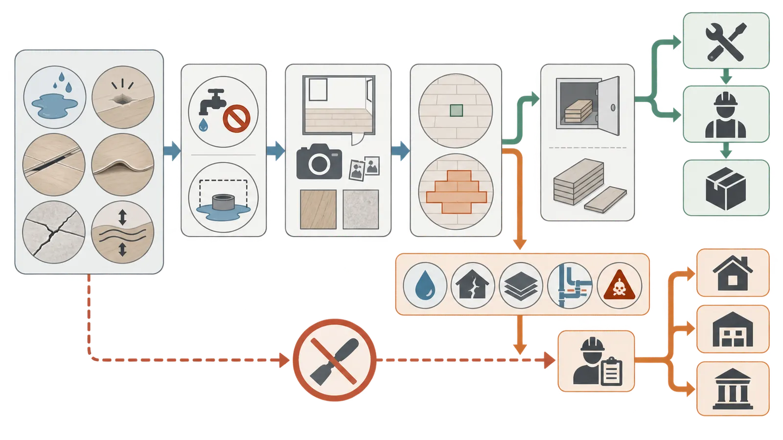 Decision map from a flooring defect to source control, isolated repair, wider replacement, and professional escalation