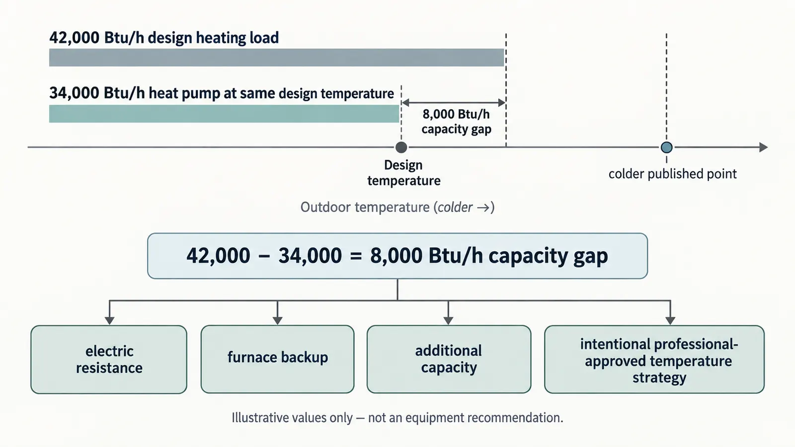 Illustrative load and delivered-capacity comparison showing a heat-pump gap and documented backup response