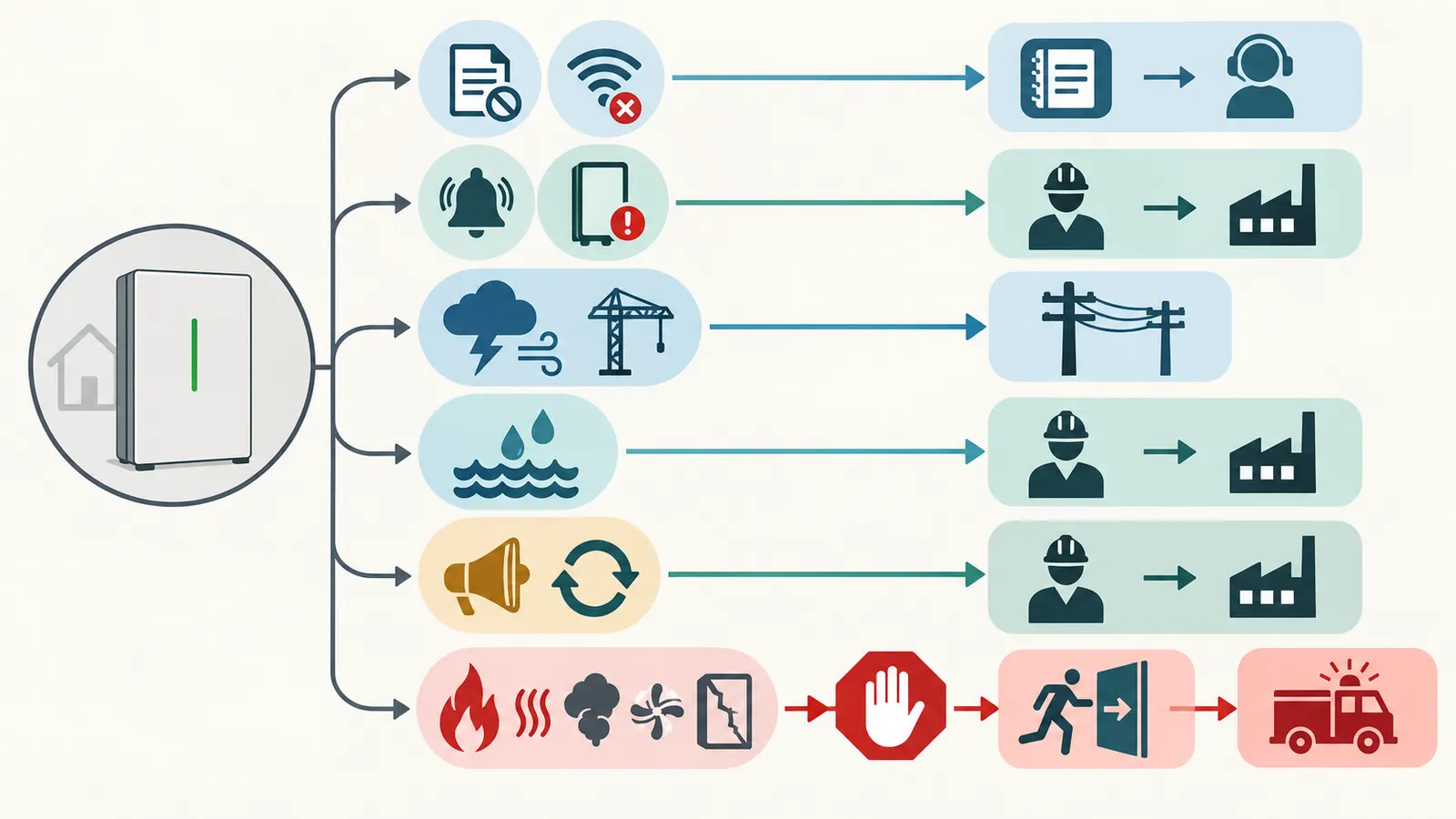 Incident-routing map for home battery smoke, water, impact, alerts, recalls, and ordinary record gaps.