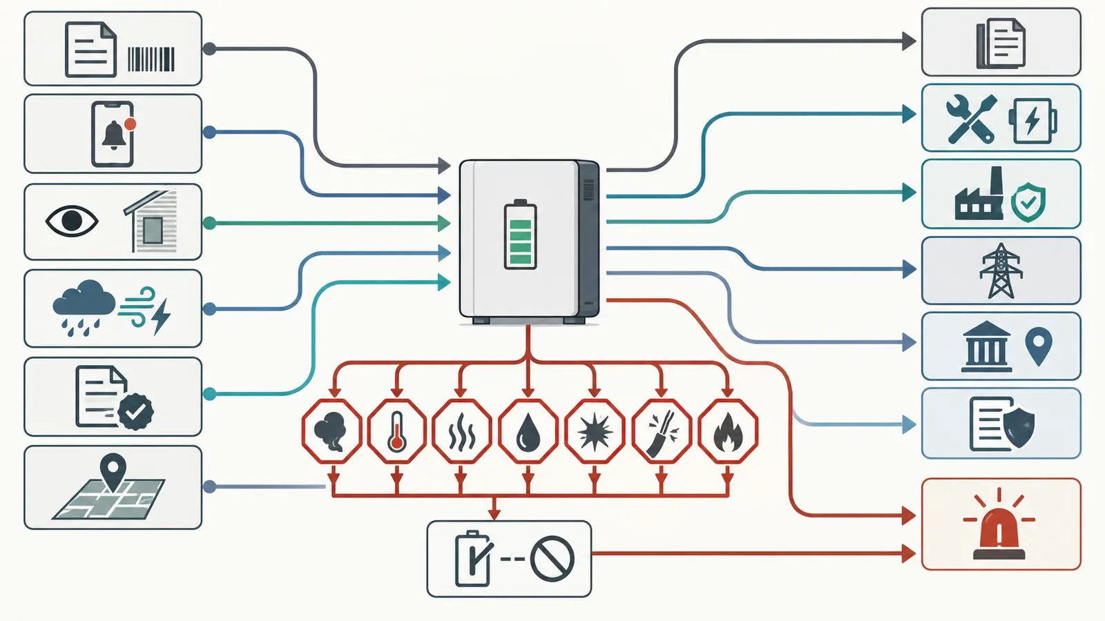 Decision map showing how a homeowner routes a home battery observation to the installer, manufacturer, utility, AHJ, insurer, or emergency responder.