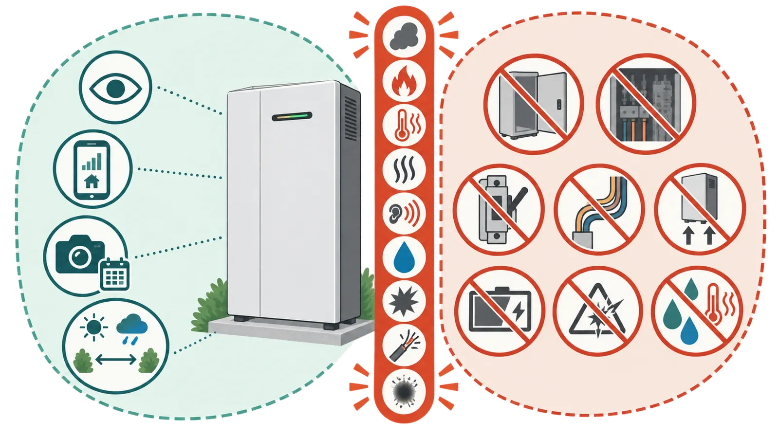 Boundary diagram separating owner-safe home battery observations from service-only inspection, repair, and electrical testing.