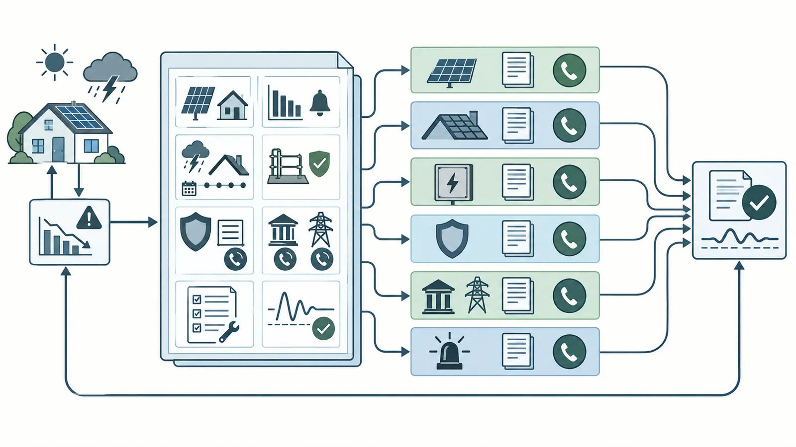 Handoff packet diagram linking solar records, roof evidence, ownership, warranties, utility contacts, and closeout verification.