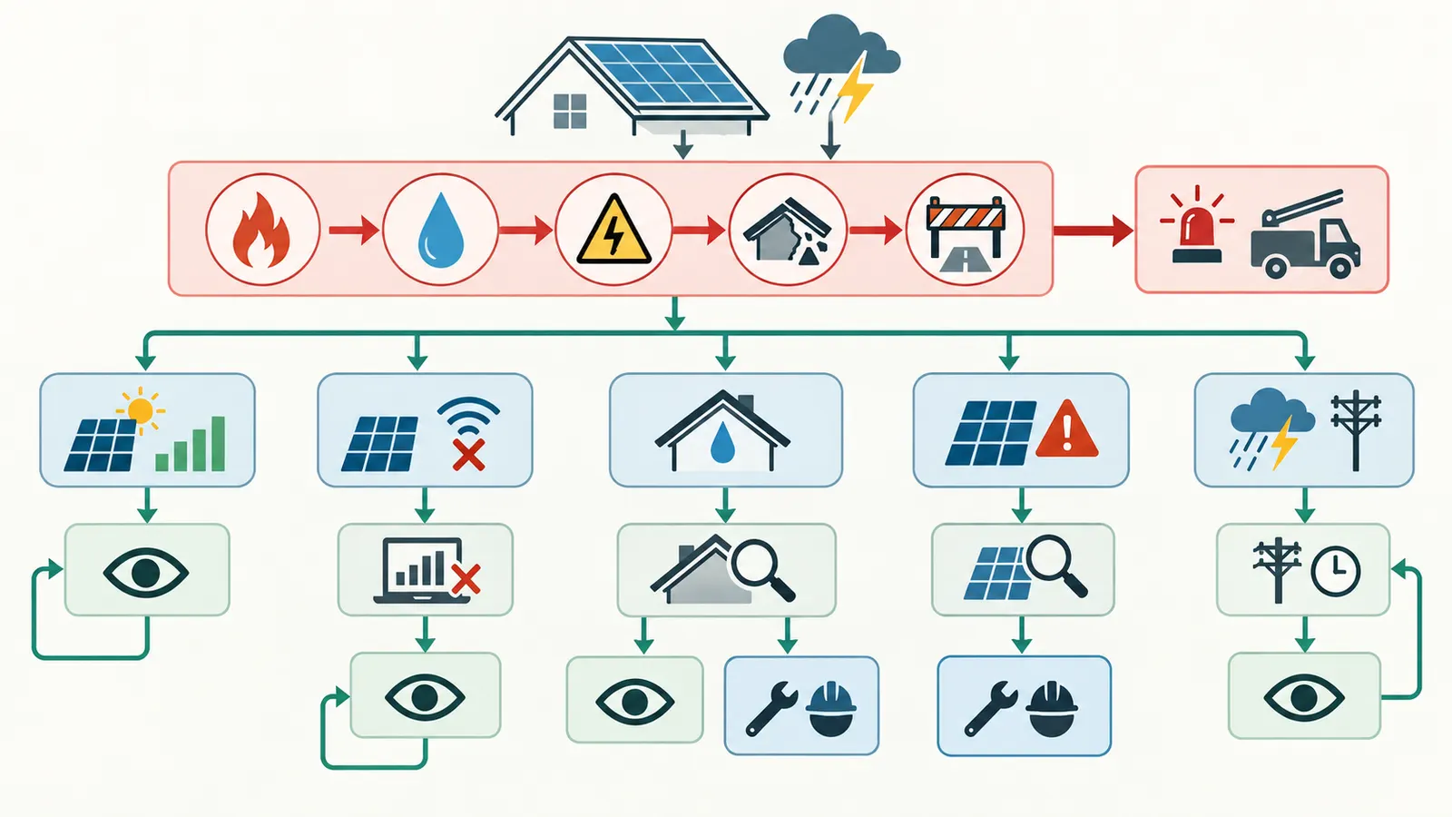 Decision map routing a rooftop solar output change to monitoring, inspection, warranty, roof coordination, or emergency response.