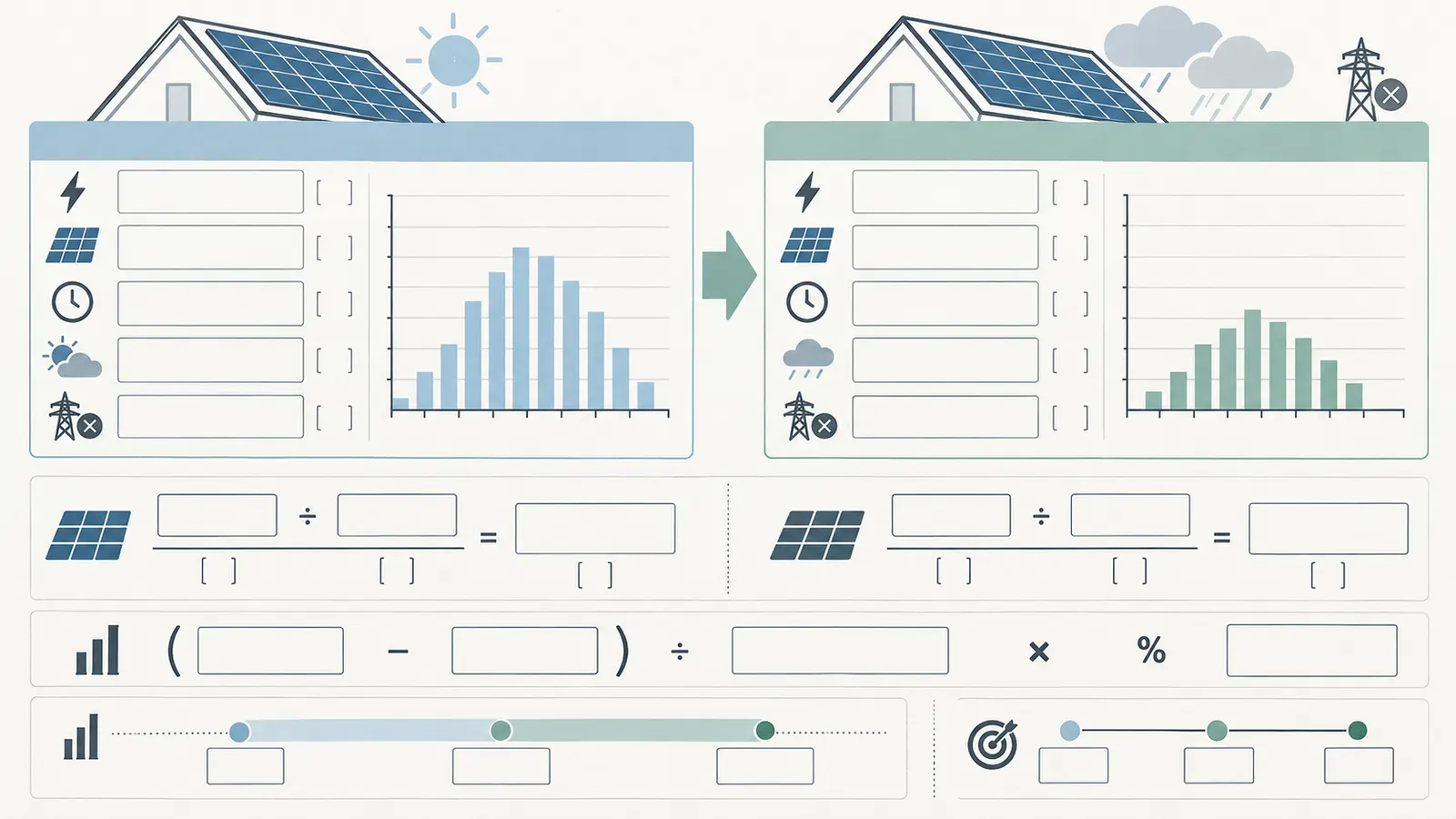 Worksheet-style comparison of current and reference solar production using AC kWh, kWdc, weather, outages, and sensitivity.