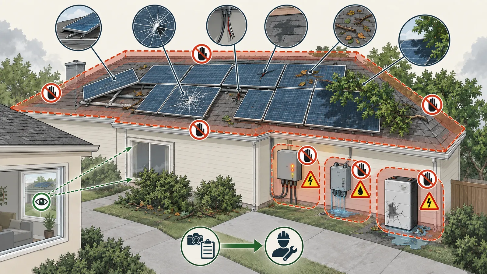 Safe-observation diagram separating ground-level and interior clues from roof and energized PV work after a storm.
