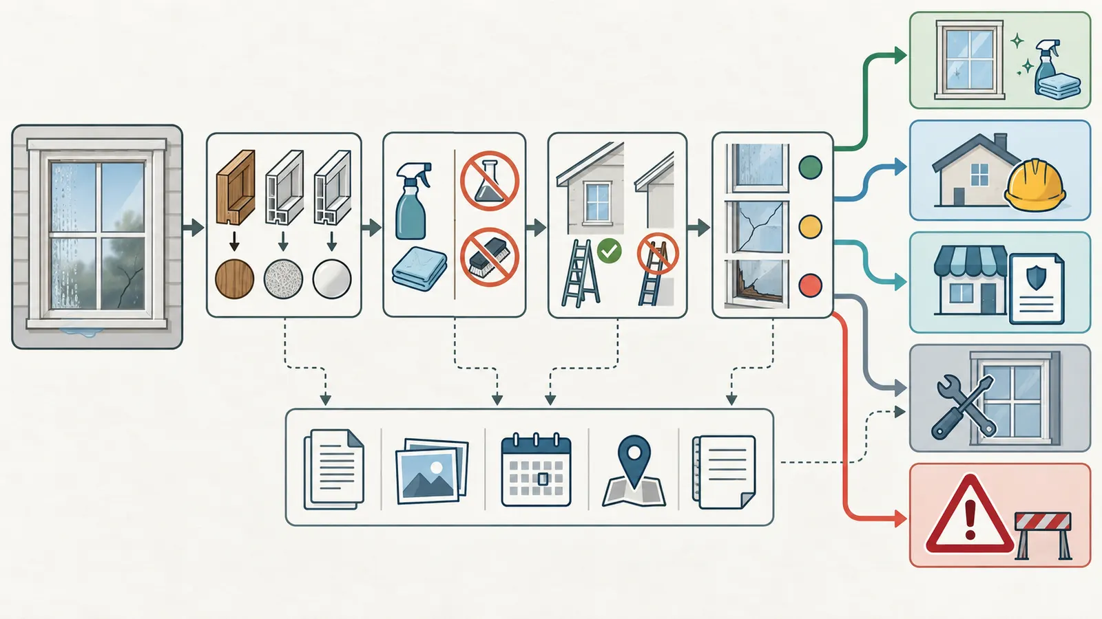 A decision map routes a window issue from observed symptom and records to homeowner care, builder or installer, retailer or manufacturer, qualified service, or safety stop.