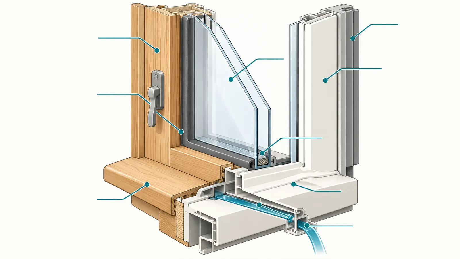 A cutaway window showing wood, fiberglass, vinyl, glass coating, weatherstrip, hardware and drainage, with field-finish boundaries marked.