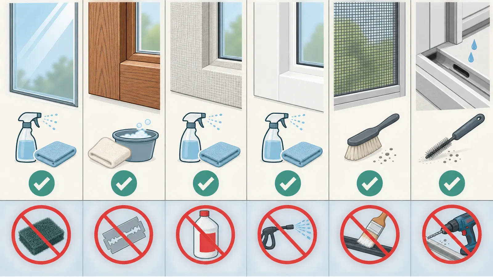 A comparison of cleaning lanes for coated glass, wood, fiberglass, vinyl, screens, and drainage paths, with prohibited shortcuts.