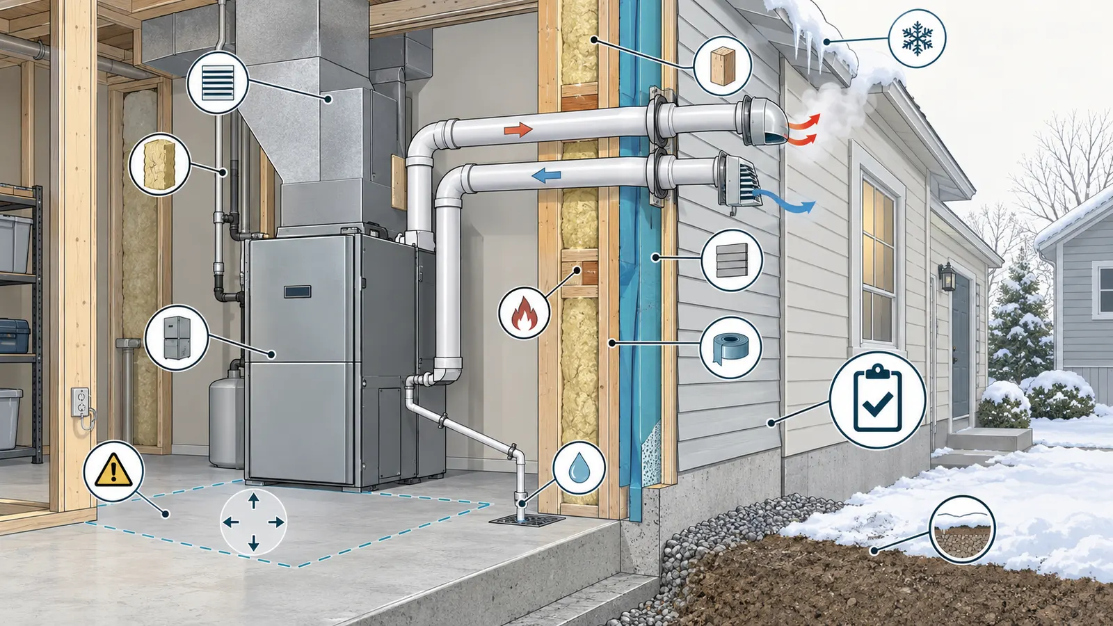 Building-envelope cutaway showing furnace exhaust, combustion-air intake, condensate drain and wall penetration handoffs with address-specific clearance review.