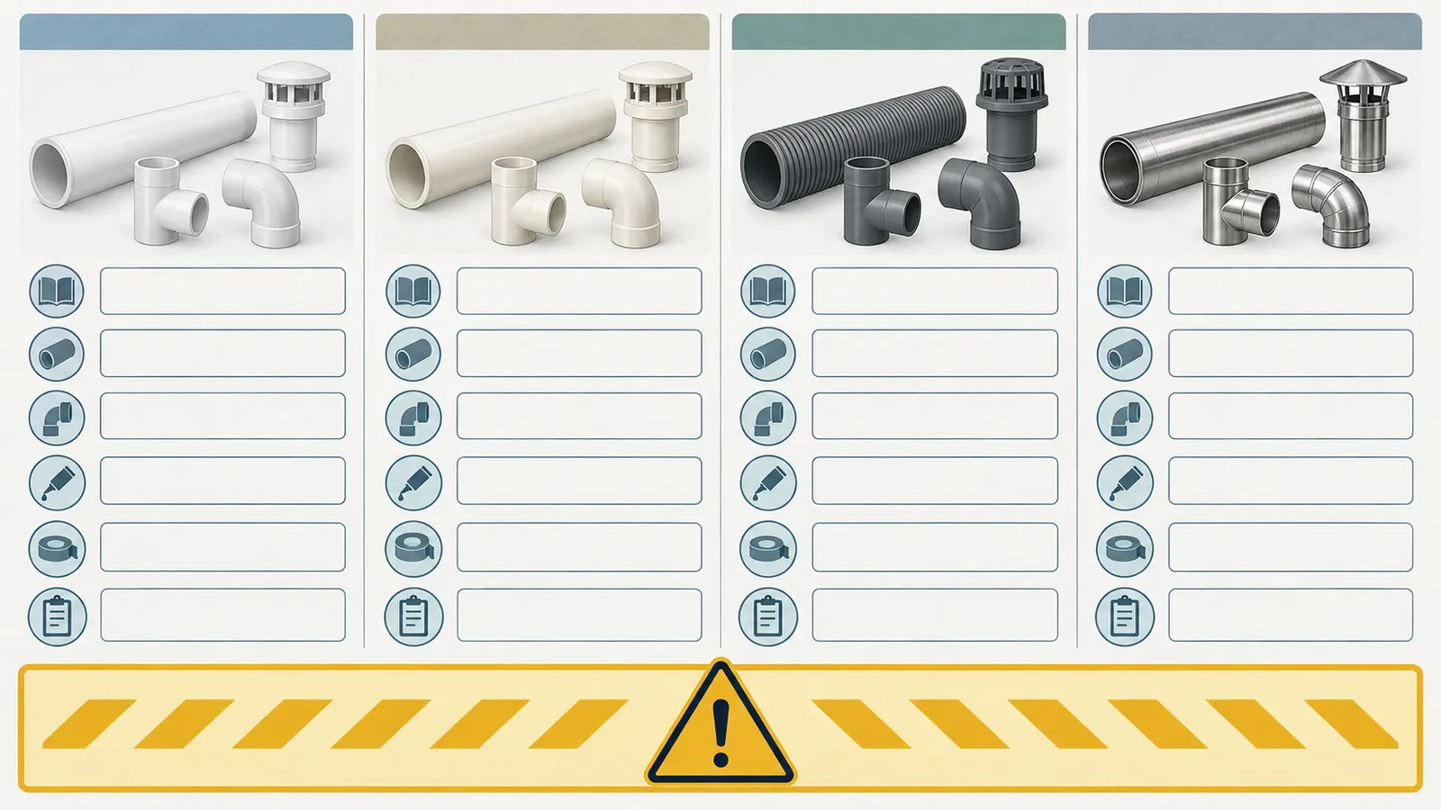 Comparison board for PVC, CPVC, polypropylene and stainless vent proposals with model manual, listing, joint, fitting and termination evidence fields.
