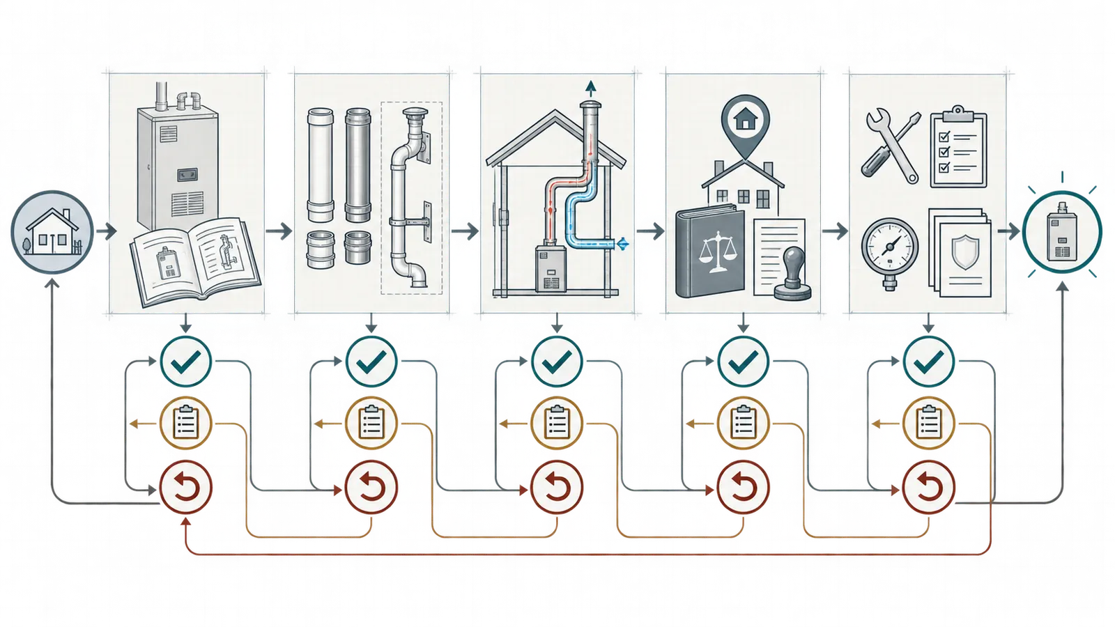 Decision map showing a proposed furnace vent substitution moving through model, material, route, jurisdiction and record checks before installation release.