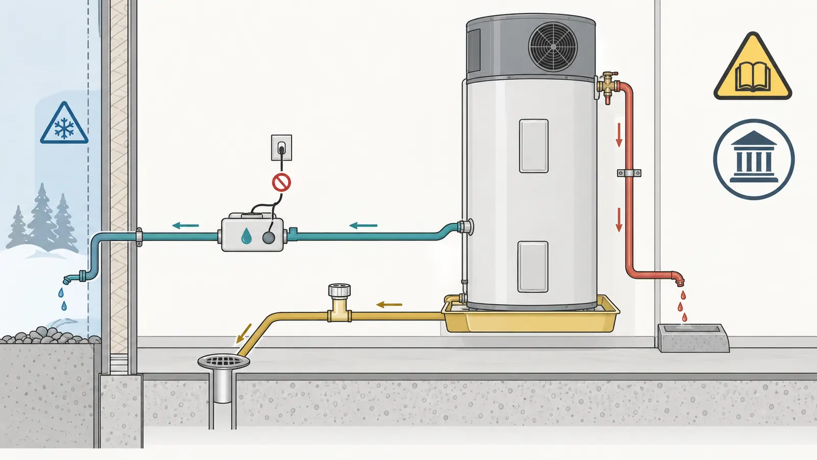 Elevation schematic separating heat-pump condensate, drain pan, and temperature-and-pressure relief discharge routes with gravity and pump decision points