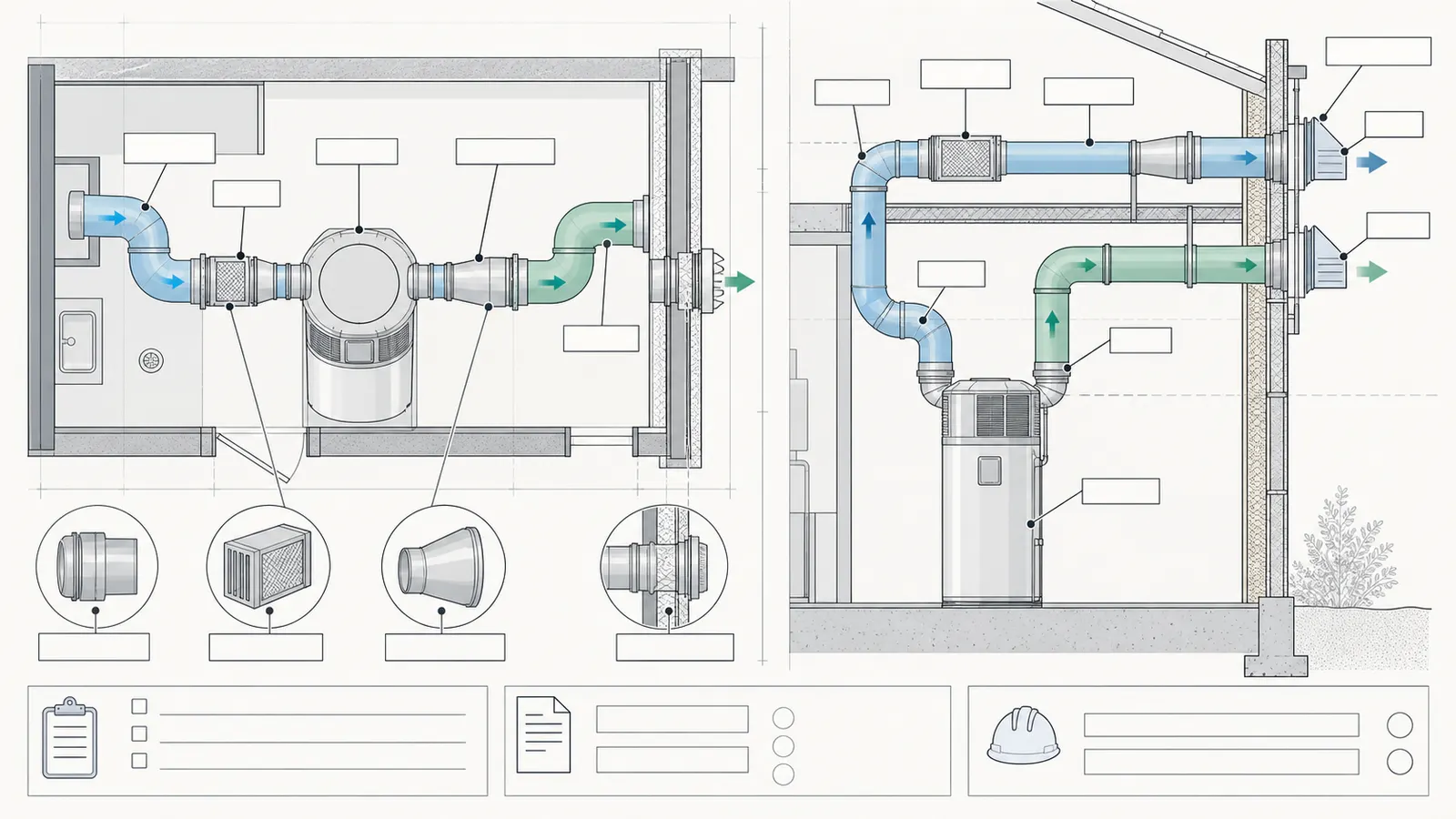 Plan and section diagram tracing separate heat-pump water-heater inlet and exhaust paths through adapters, fittings, penetrations, and terminations