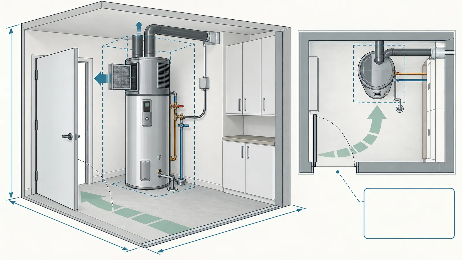 Cutaway utility-room diagram showing a heat-pump water heater, measured room volume, filter access, controls, drains, and replacement path