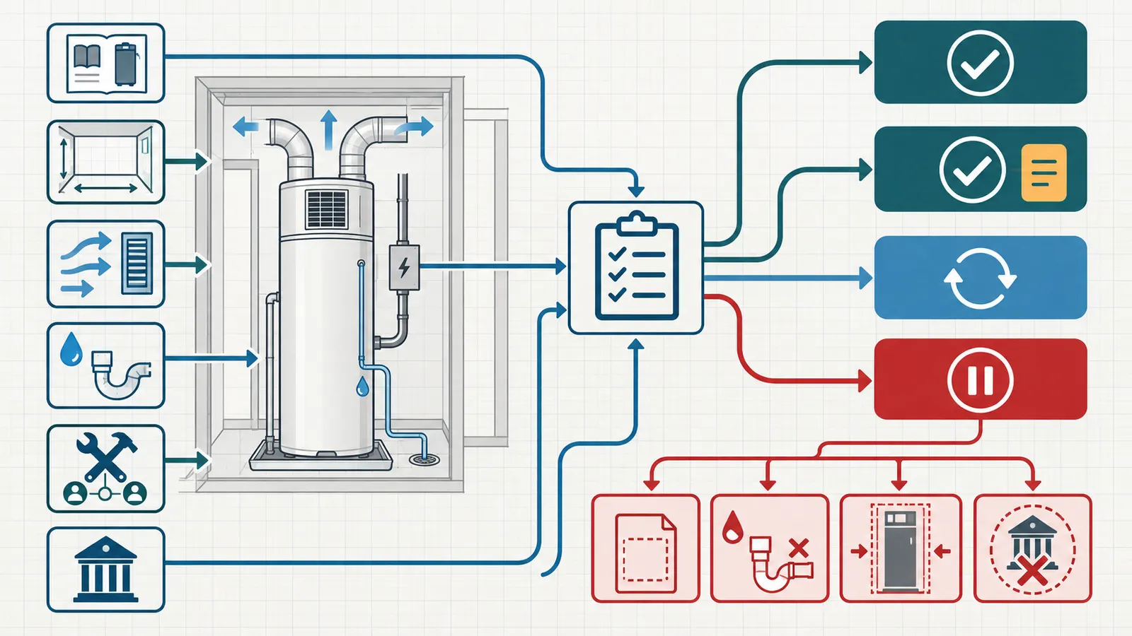 Decision map routing a heat-pump water-heater package to approve, approve with exception, revise, or pause before rough-in