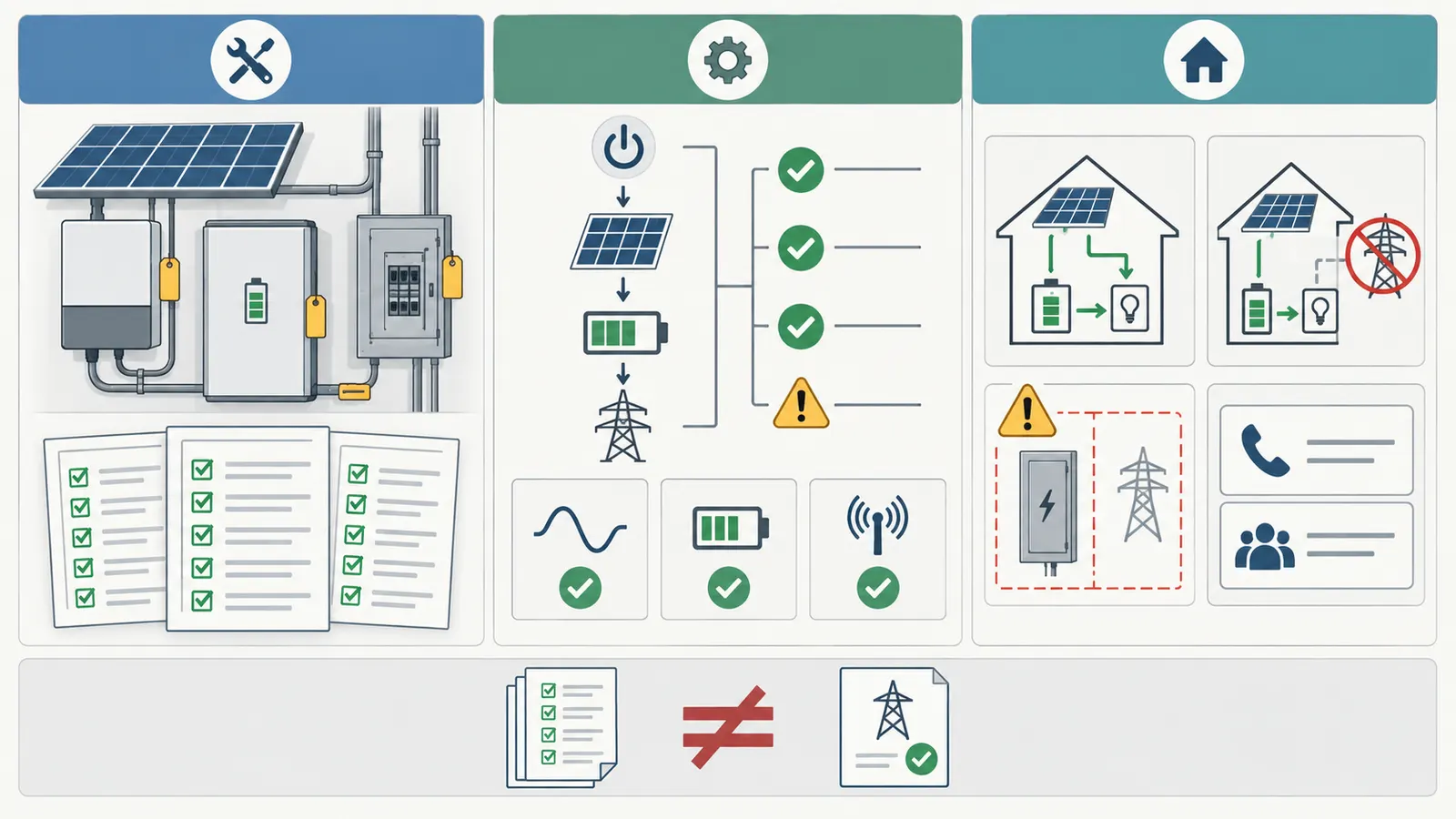 Three-column comparison of installation verification, functional commissioning, and owner demonstration records