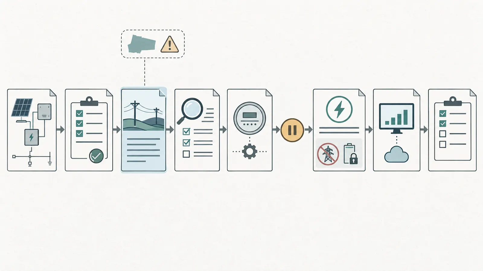 Record chain from final one-line and permit clearance to utility review, written PTO, monitoring transfer, and open items