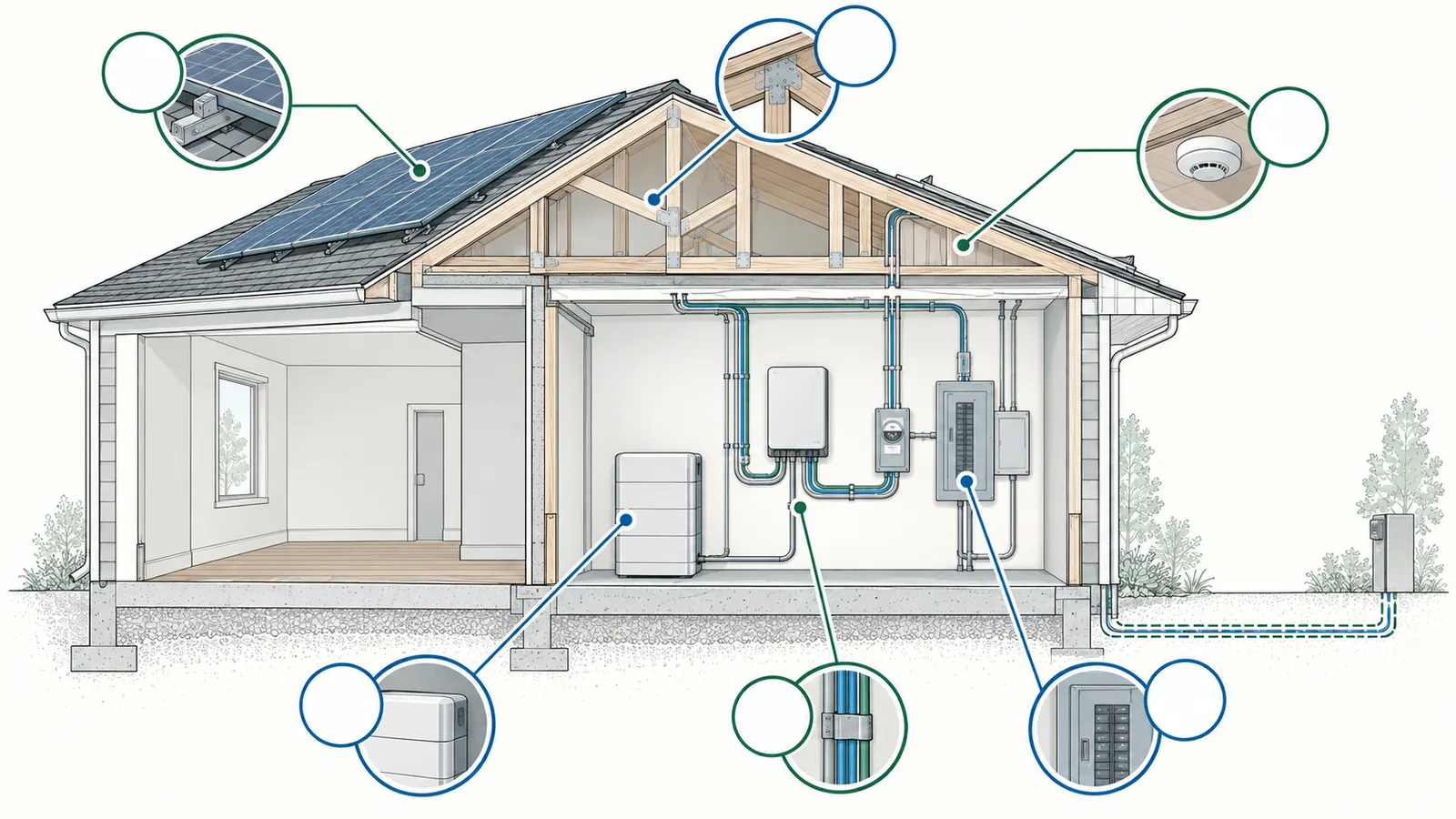 Cutaway coordination view linking roof attachments, battery location, service panel, one-line, and access paths