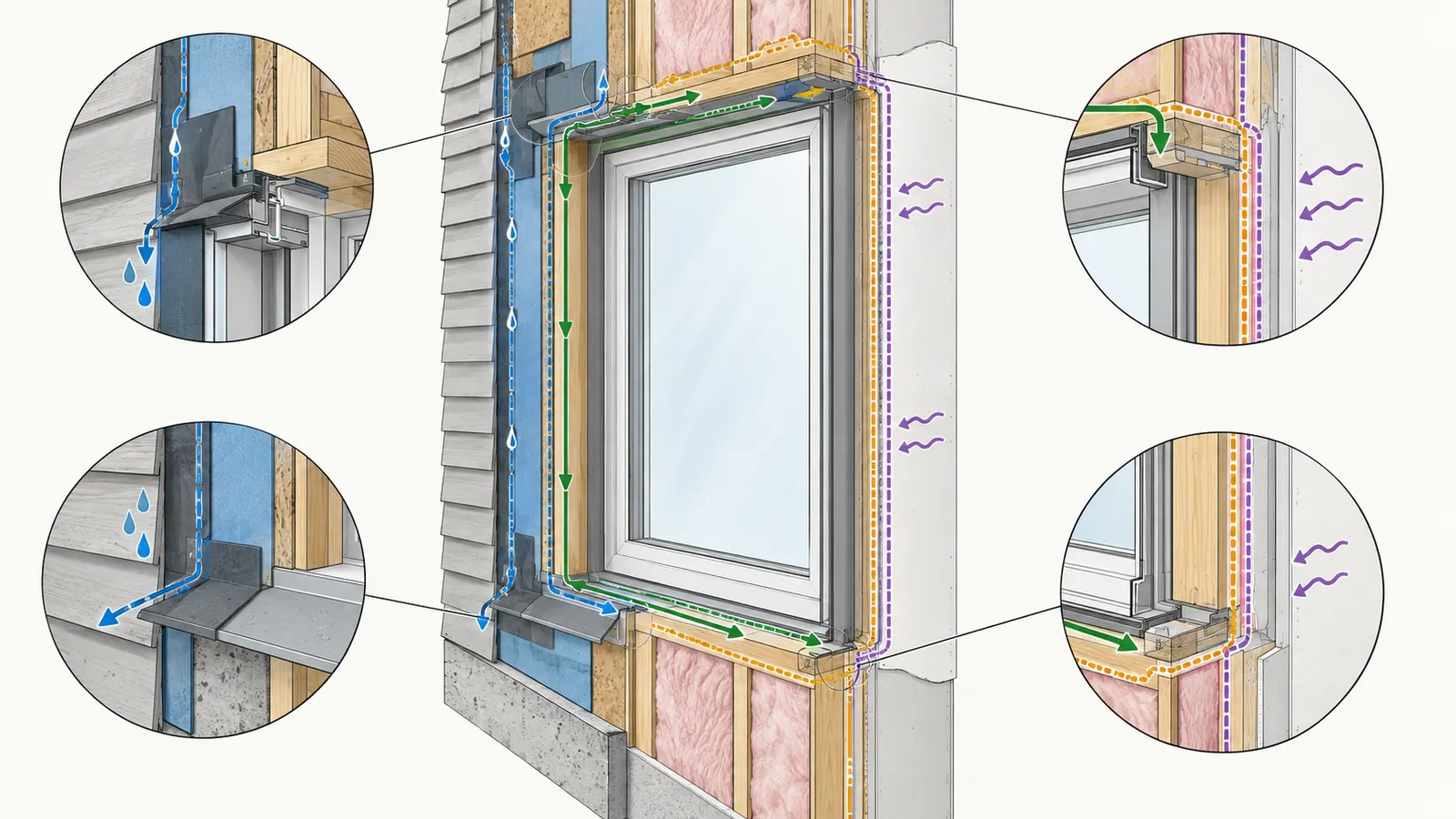 Wall and window cutaway labeling water, air, thermal, and vapor-control handoffs at the rough opening.
