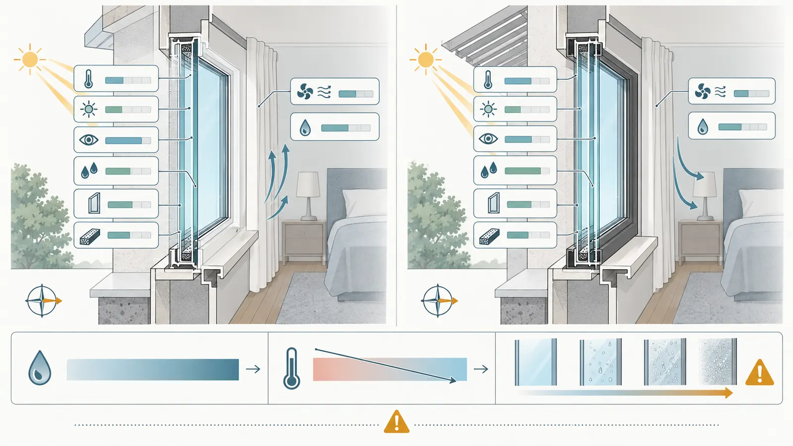 Side-by-side window rating comparison linking U-factor, SHGC, visible transmittance, and condensation resistance to opening conditions.
