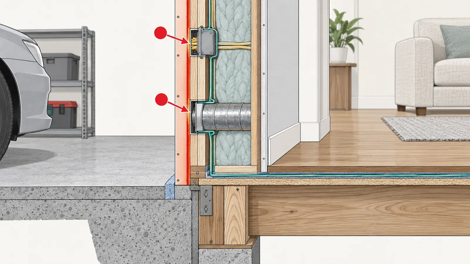 Cutaway of a garage separation showing fire protection, air control, thermal insulation, framing, and a coordinated penetration