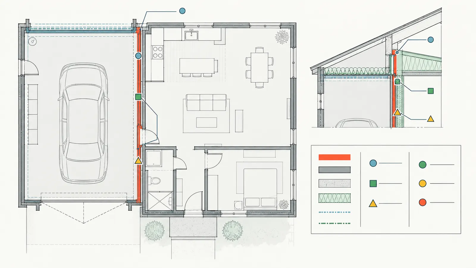 Plan overlay with a red garage-to-dwelling boundary and segment IDs for walls, ceiling, rim, attic, door, and penetrations