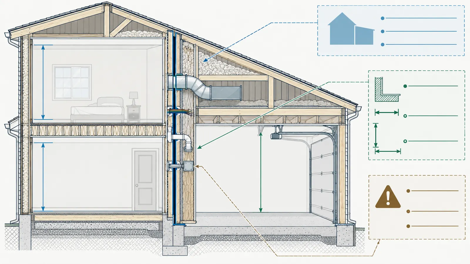 Section diagram showing the garage boundary, room above, attic, rim, door, and service crossings that need jurisdiction review