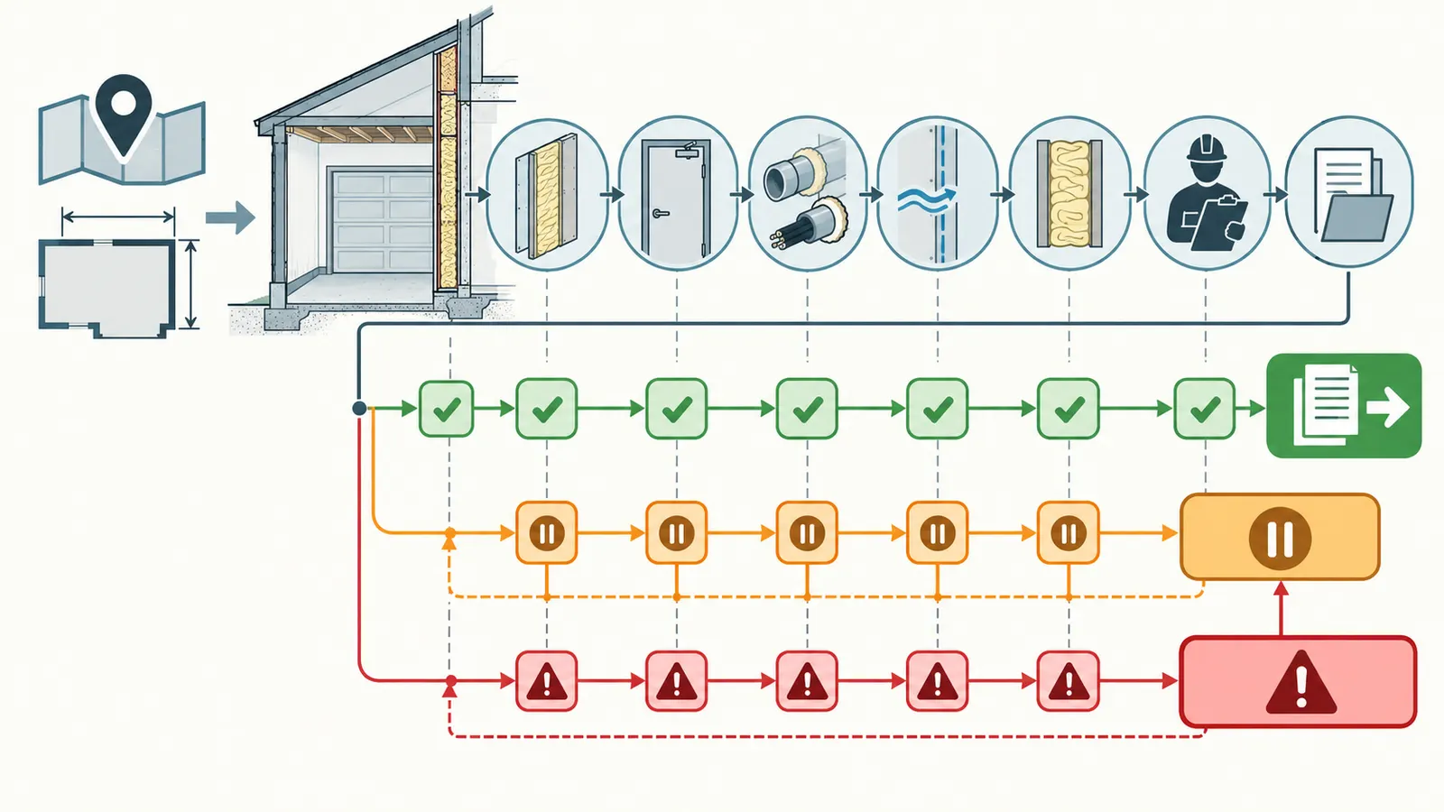 Pre-cover decision map routing garage-boundary checks to pass, hold, or escalate with evidence and responsible people