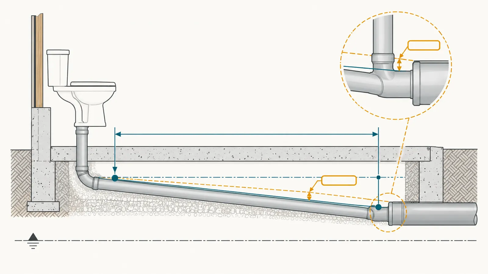 Side profile showing fixture invert, receiving invert, required fall, available fall and a half-inch illustrative gravity margin