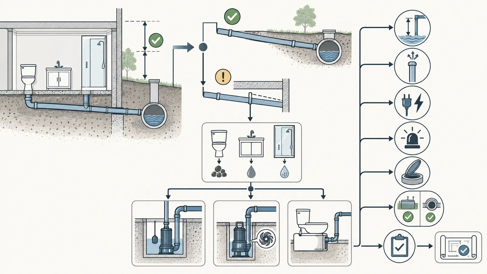 Decision map comparing gravity, sewage ejector, grinder and macerating toilet by solids, lift, route and access