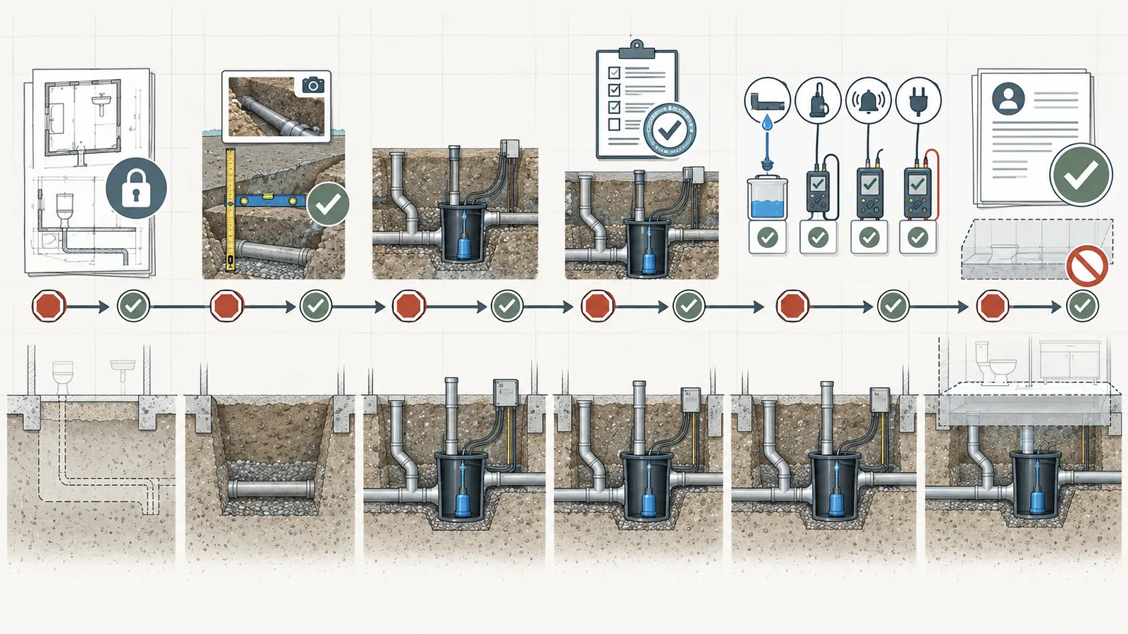 Six pre-cover gates from design freeze through field verification, installation, inspection, testing and release record