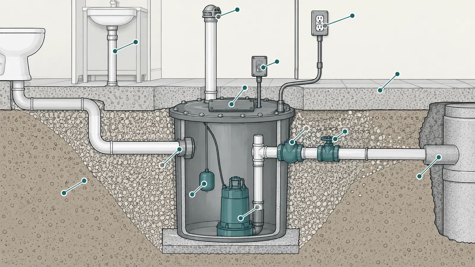 Cutaway of a sealed sewage-ejector basin with inlet, vent, pump, check valve, isolation valve, alarm, power and service access