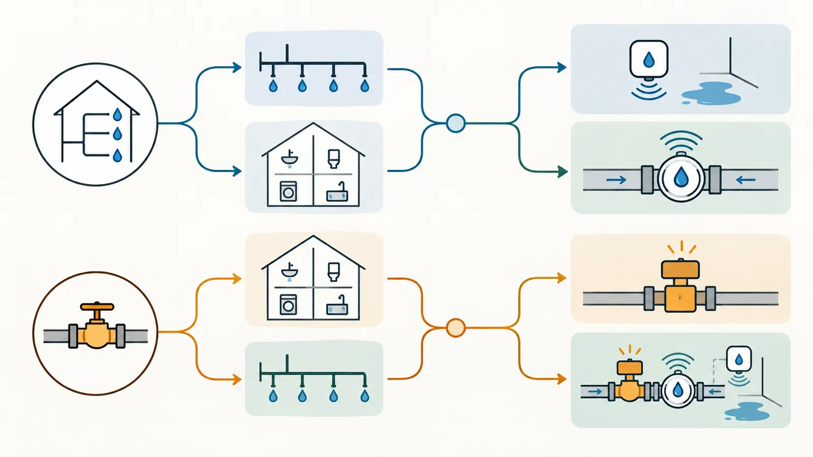 Decision map connecting leak detection goals and water-branch coverage to point sensors, flow monitoring, automatic shutoff, or a combined architecture.