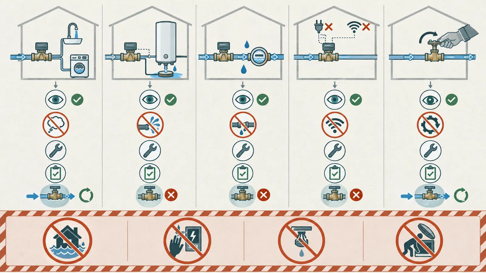 Commissioning and recovery loop comparing expected fixture event, abnormal alert, power or network interruption, manual recovery, retest, and homeowner handover record.